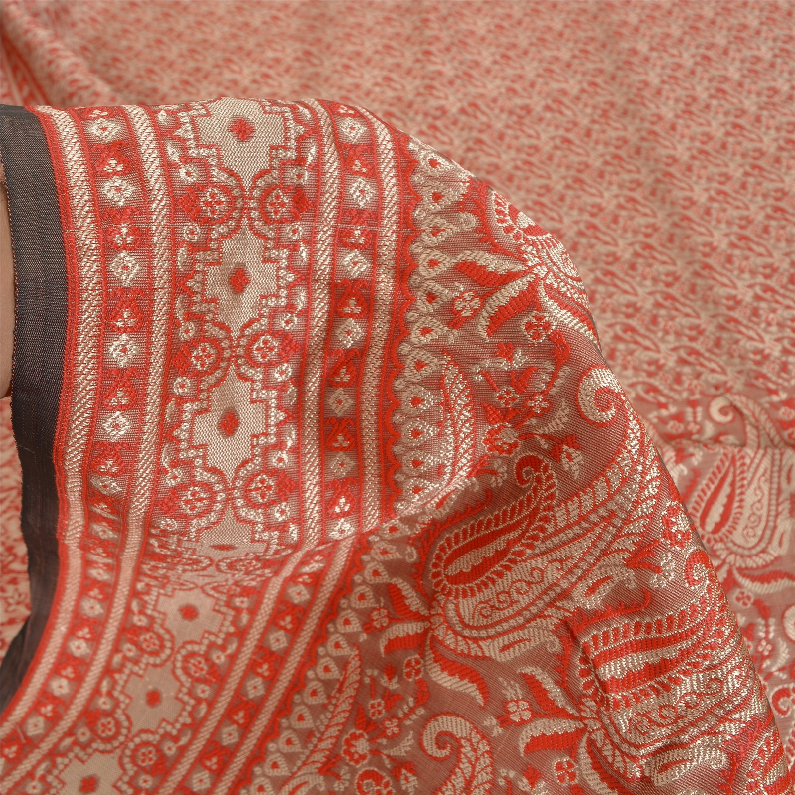 Sanskriti Vintage Red Sarees Blend Silk Brocade Banarasi Woven Fabric Craft Sari
