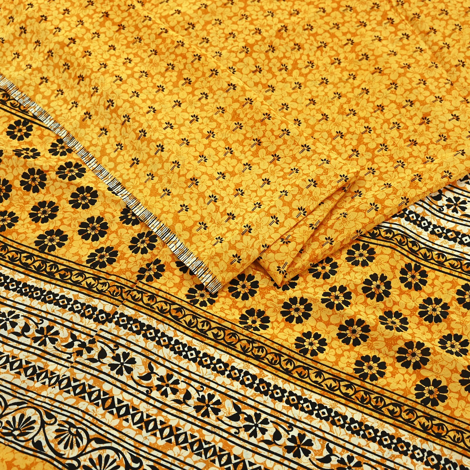 Vintage Mustard Pure Crepe Silk Saree Floral Print 5 Yards Soft Sewing Fabric