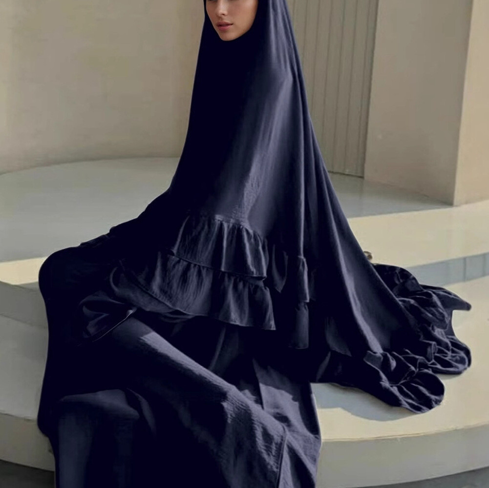 Women Muslim Solid Color Ramadan Robe Dress Set Arab Lotus Leaf Edge Big Turban