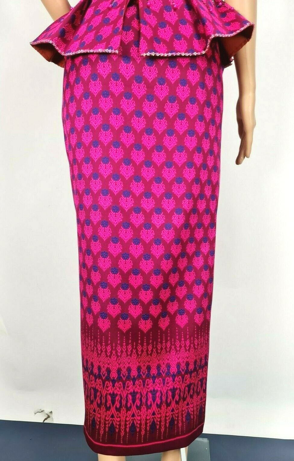 Cambodia Khmer Traditional Out fit Women Sz L Deep Pink Lace Korean Silk Skirt