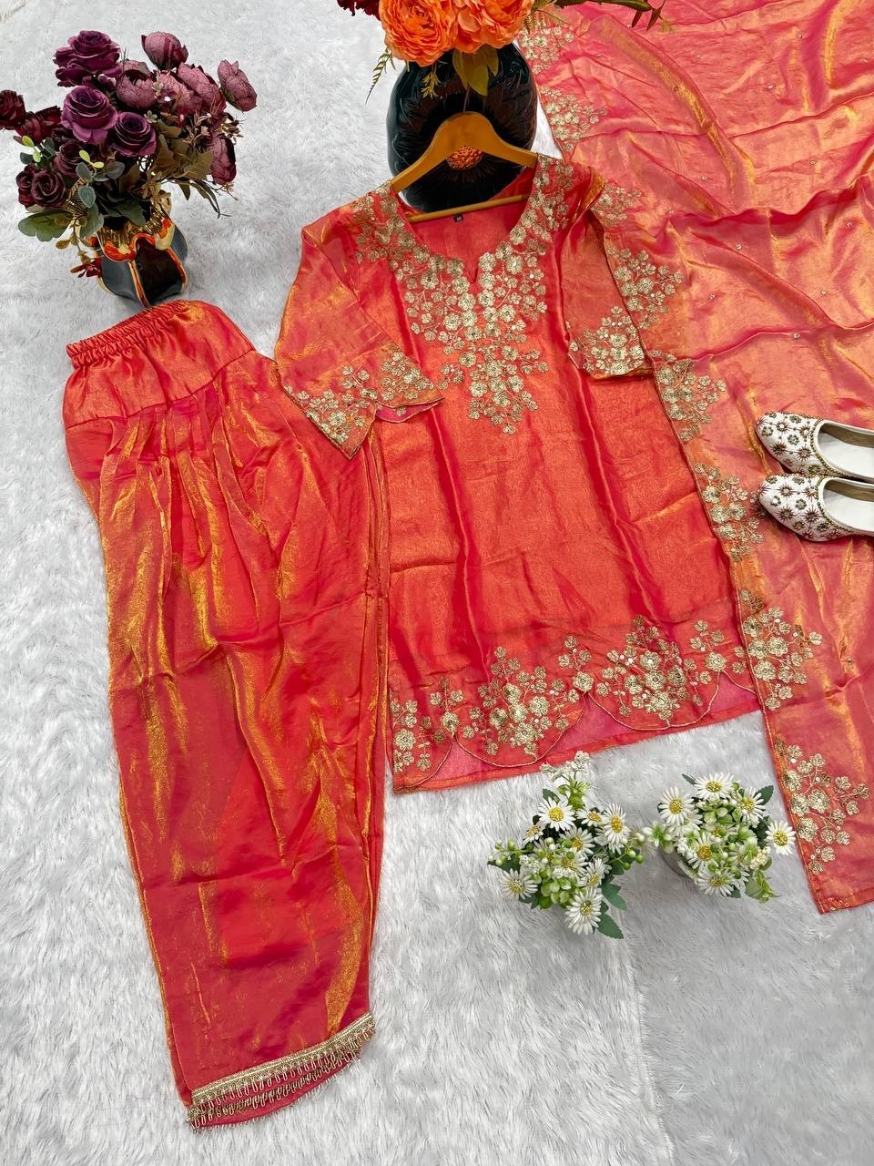 Presenting New Heavy Satin Orange Top Bottom With Dupatta For Wedding Wear