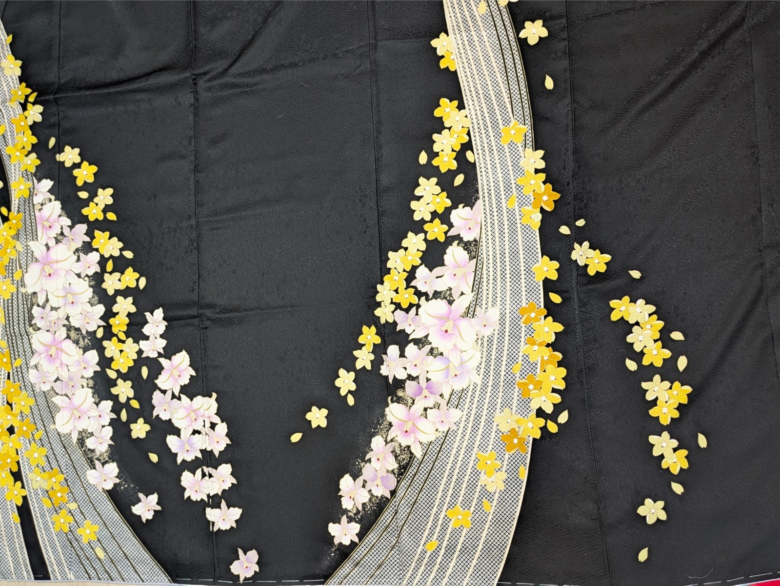 Japanese Kimono Silk Furisode Black Yellow & Purple Flowers Vertical Waves Art