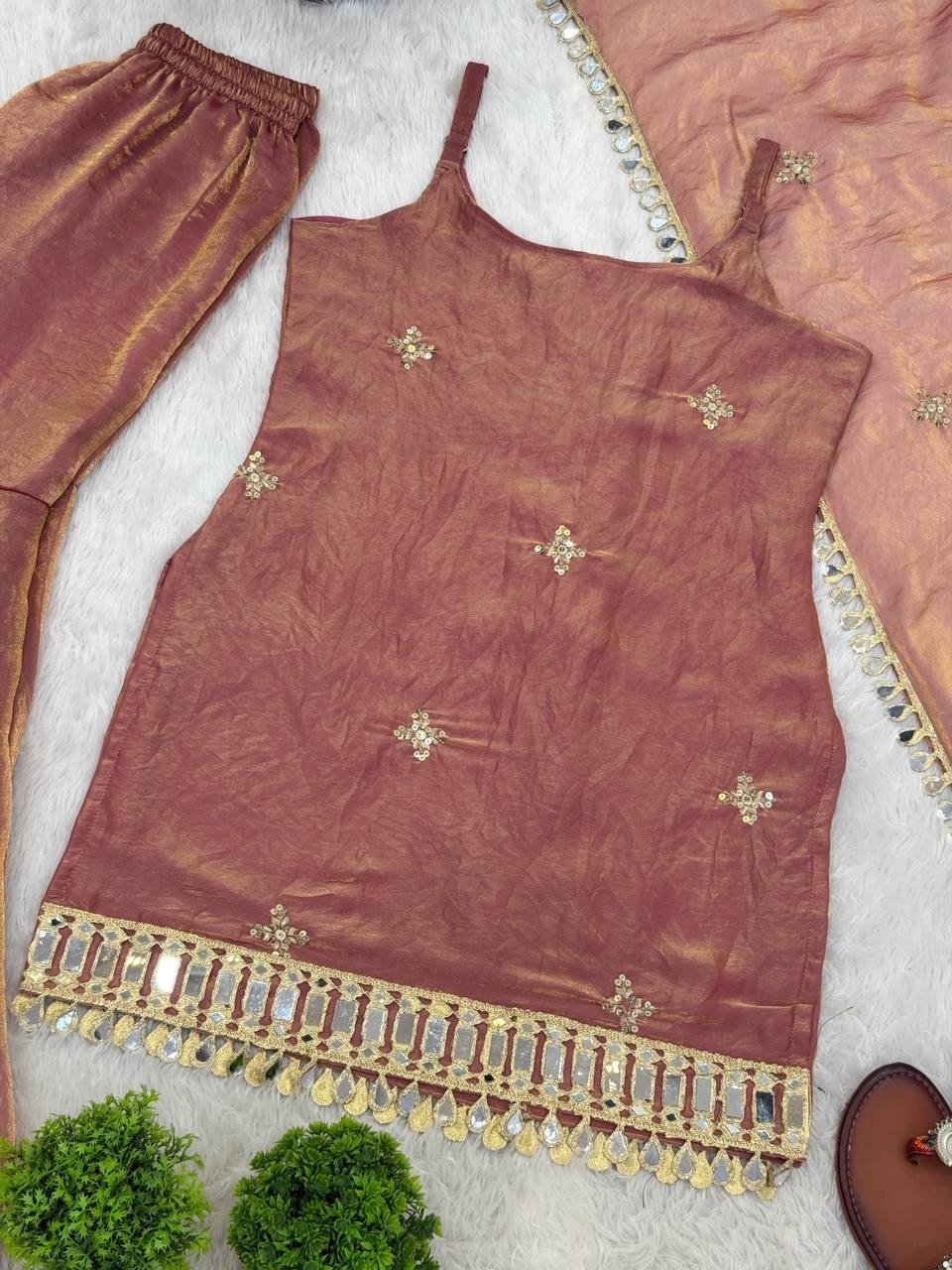 Attractive Look Silk Dusty Pink Top Palazzo With Dupatta For Party Wear