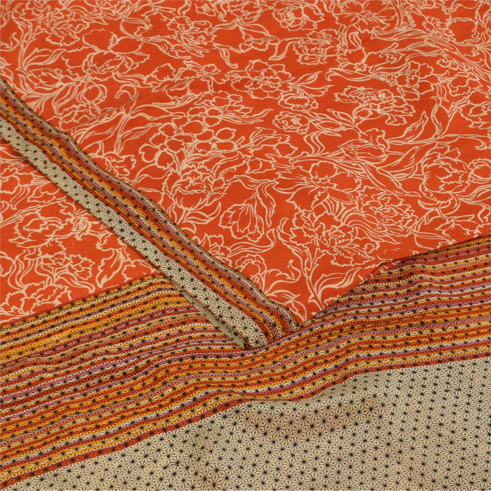 Sanskriti Vintage Sarees Orange Pure Crepe Silk Printed Sari 5+Yd Craft Fabric