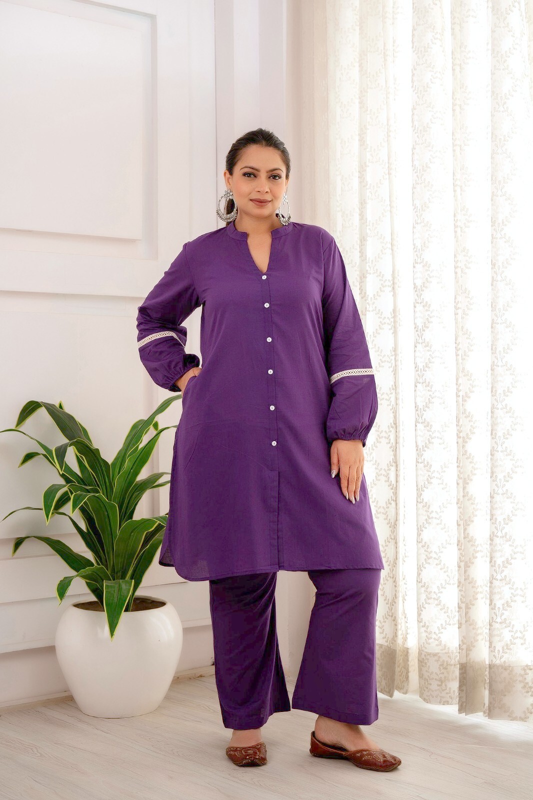 Women Cotton Plus Size Solid Kurta Top With Patiala, Purple Lace New Co-ord Set