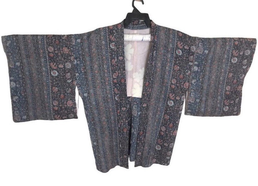 Vintage Japanese Haori Kimono Jacket Floral Noragi Boho Hippie Cardigan Robe