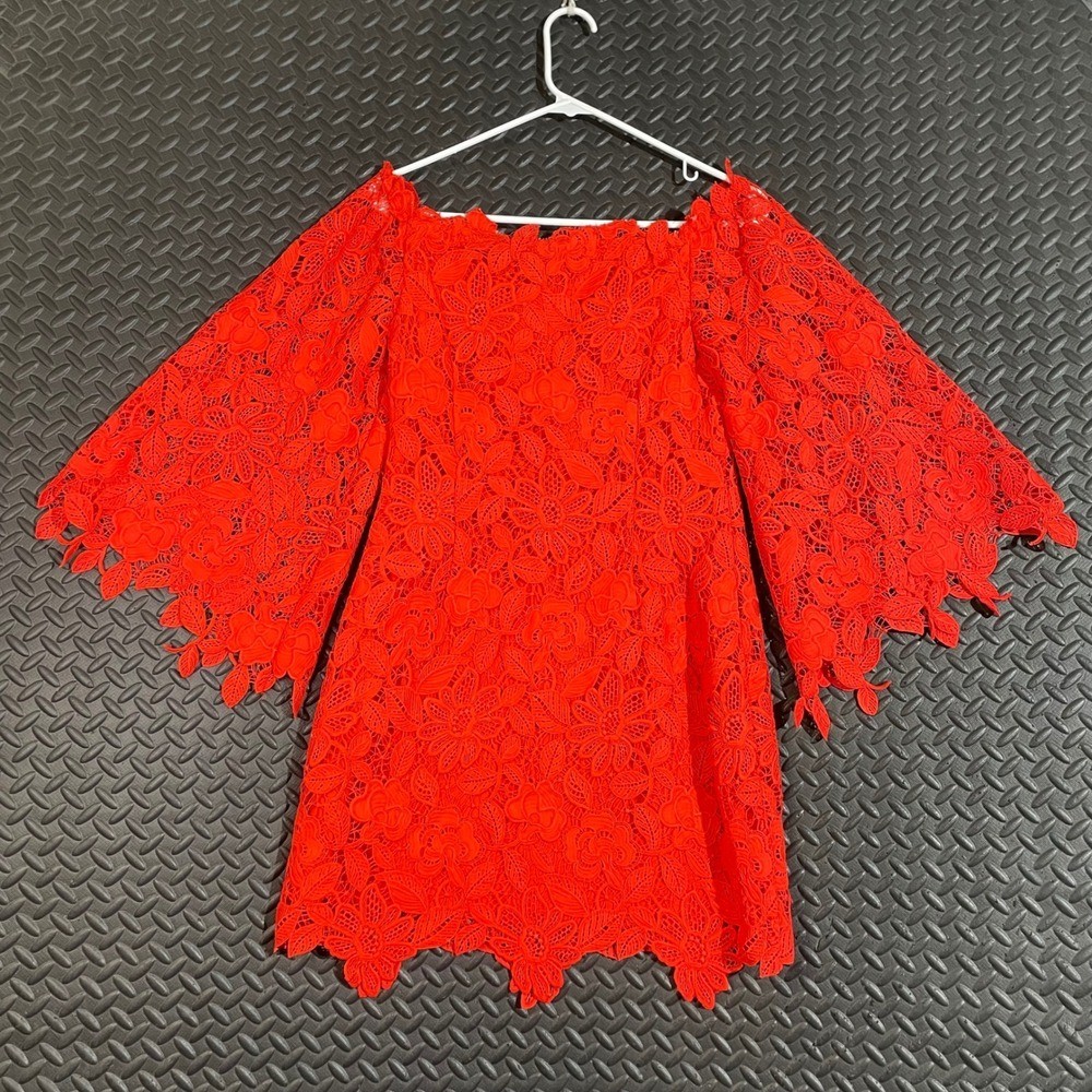 Free People Red Floral Lace Off Shoulder Bell Sleeve Blouse Size 6 Boho Festival
