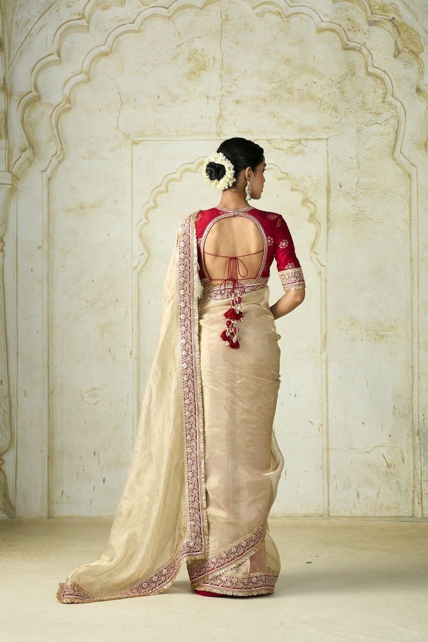 Saree Bollywood Style Organza OffWhite with Designer Blouse for Women Function