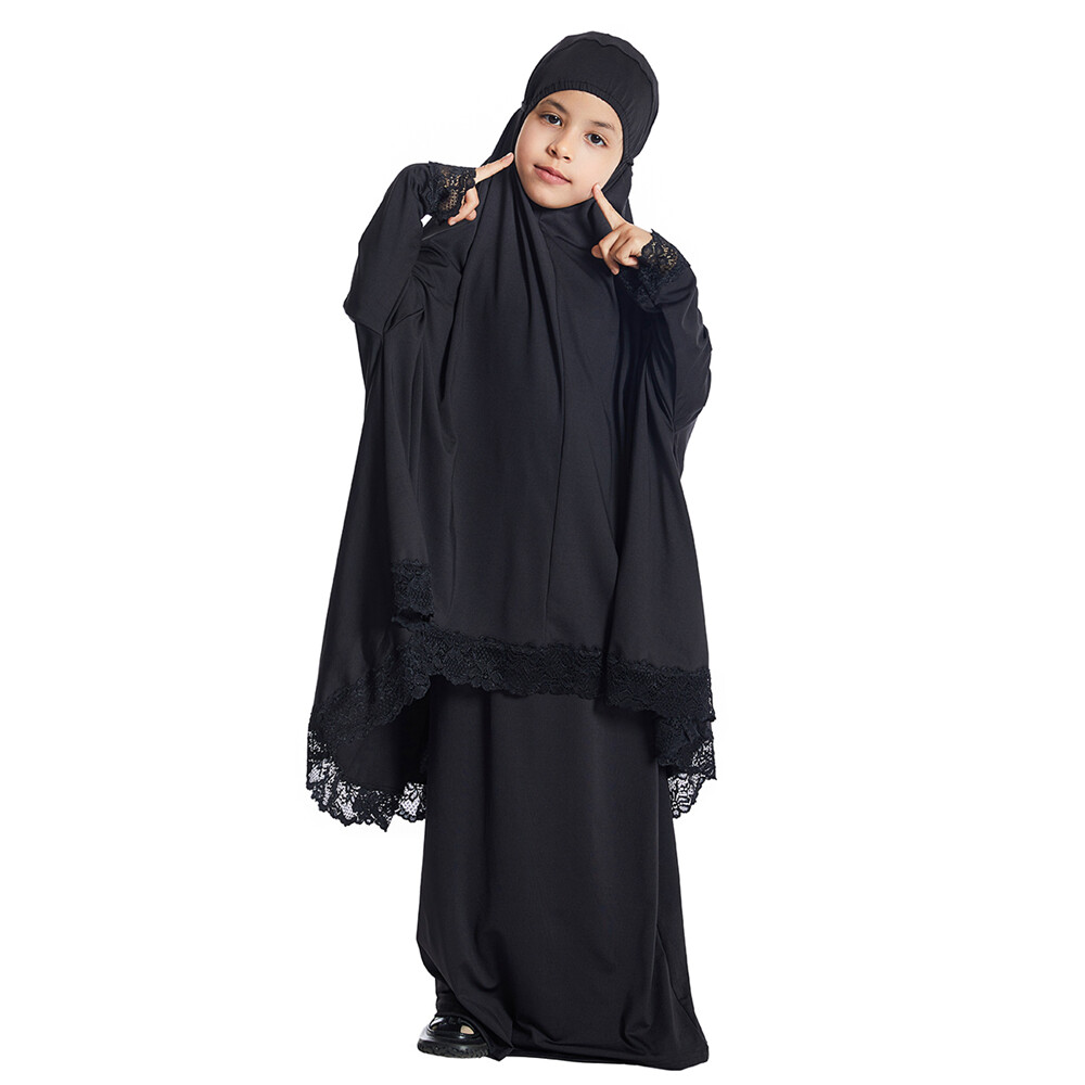 Two Piece Girls Kids Overhead Khimar Hijab Skirt Set Muslim Girls Prayer Dress