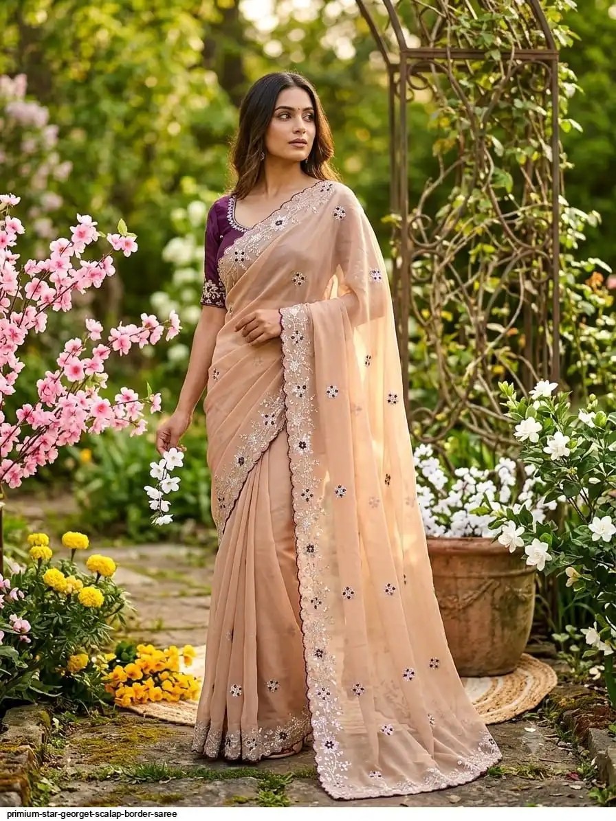 Premium Star Georgette Golden Saree – Multi Sequence Embroidery & Scallop Border