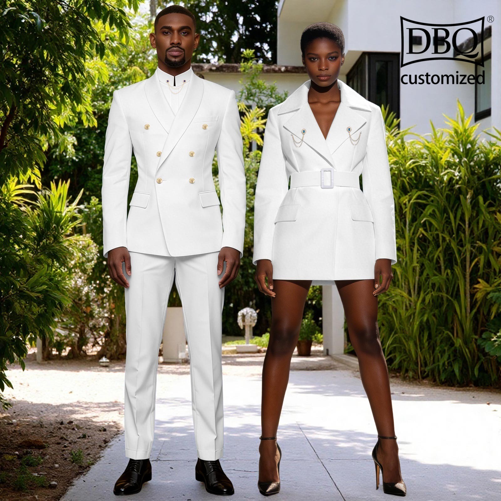African Couple Clothes Tailor Made Men Jacket Pants Set Women Thigh Length Dress