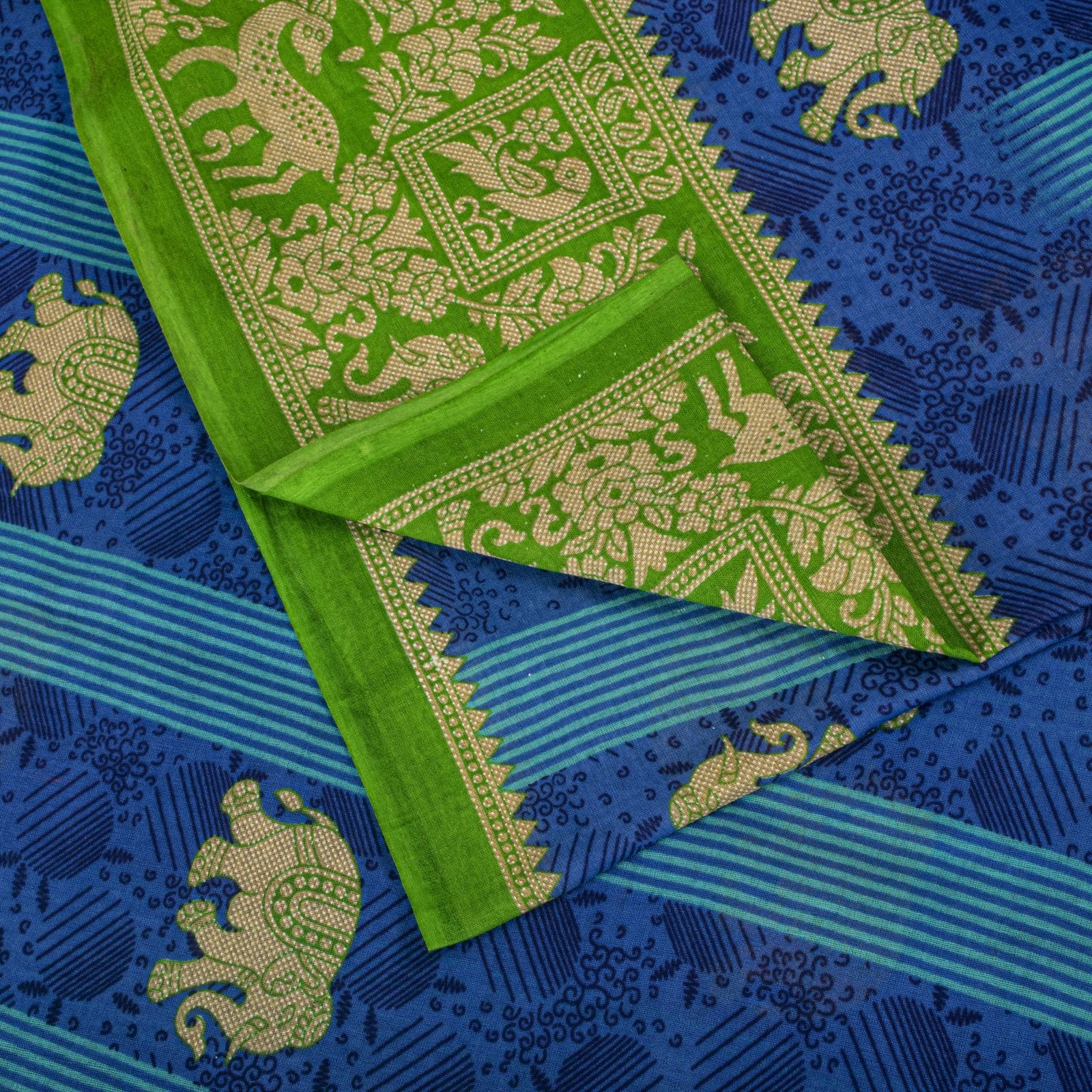 Sanskriti Vintage Saree Blue-Green Pure Cotton Animal Printed Craft Fabric Sari