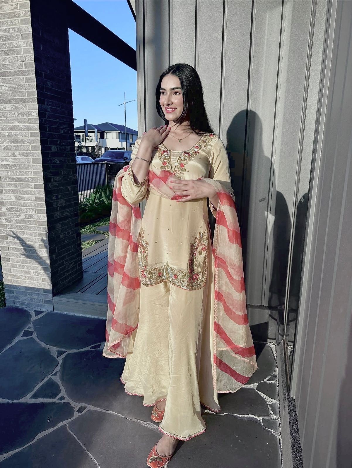 Stylish Look Natural Crape Silk Kurta Palazzo With Dupatta For Function Wear
