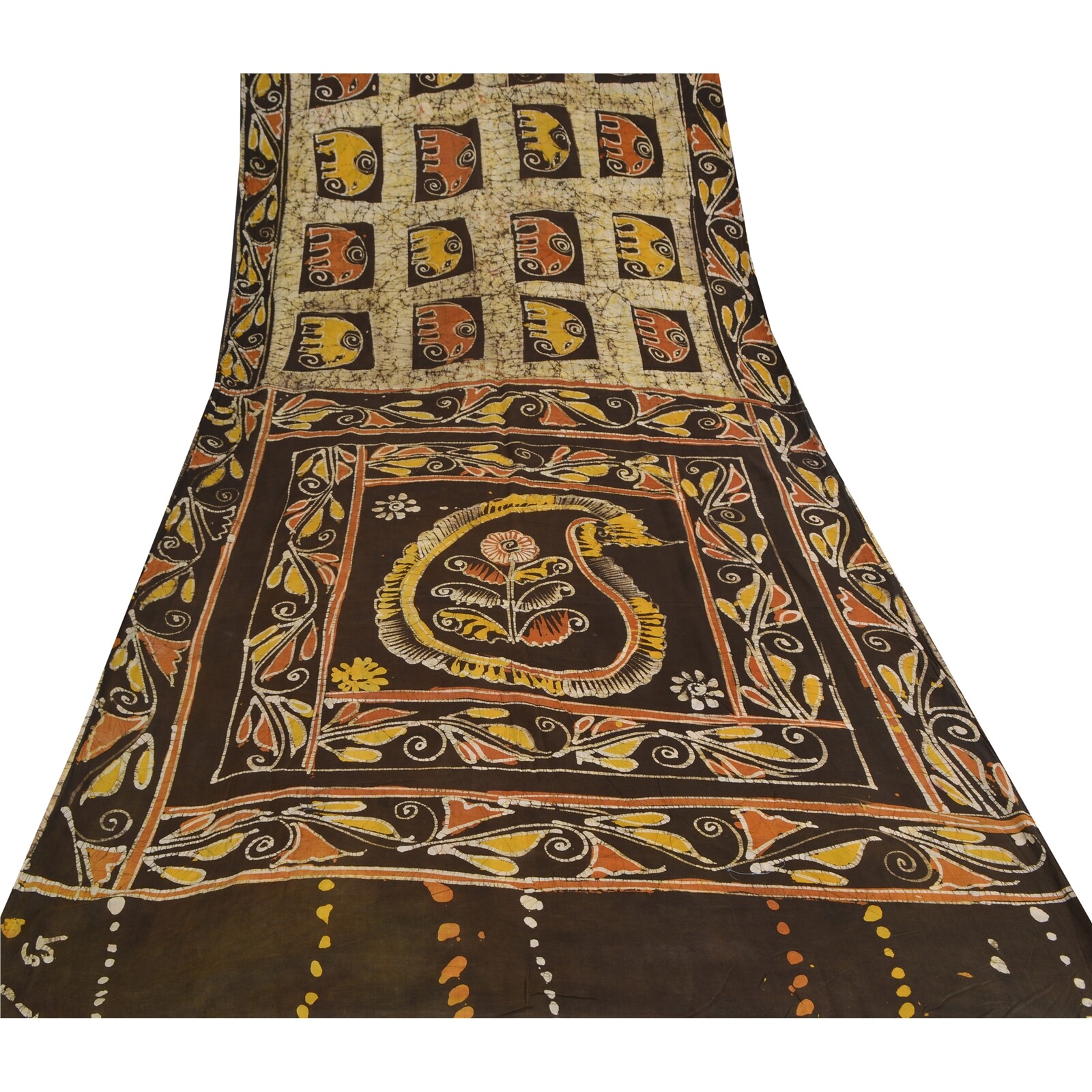 Sanskriti Vintage Cream/Olive Sarees Pure Cotton Batik Premium Sari Craft Fabric