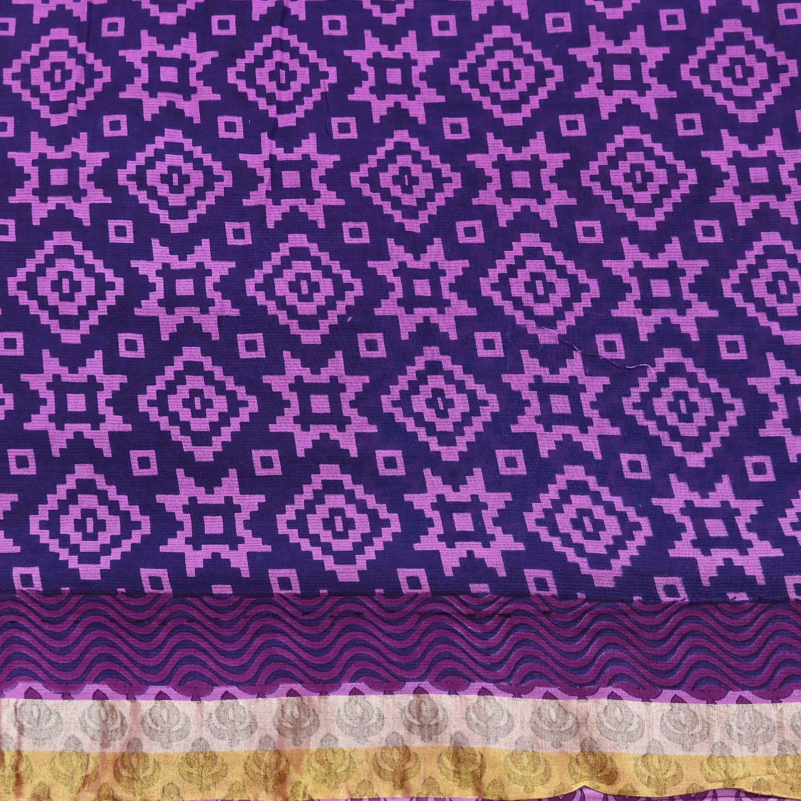 Indian Vintage Sari Blue & Purple Printed Pure Cotton Sarees Craft Fabric 5Yd