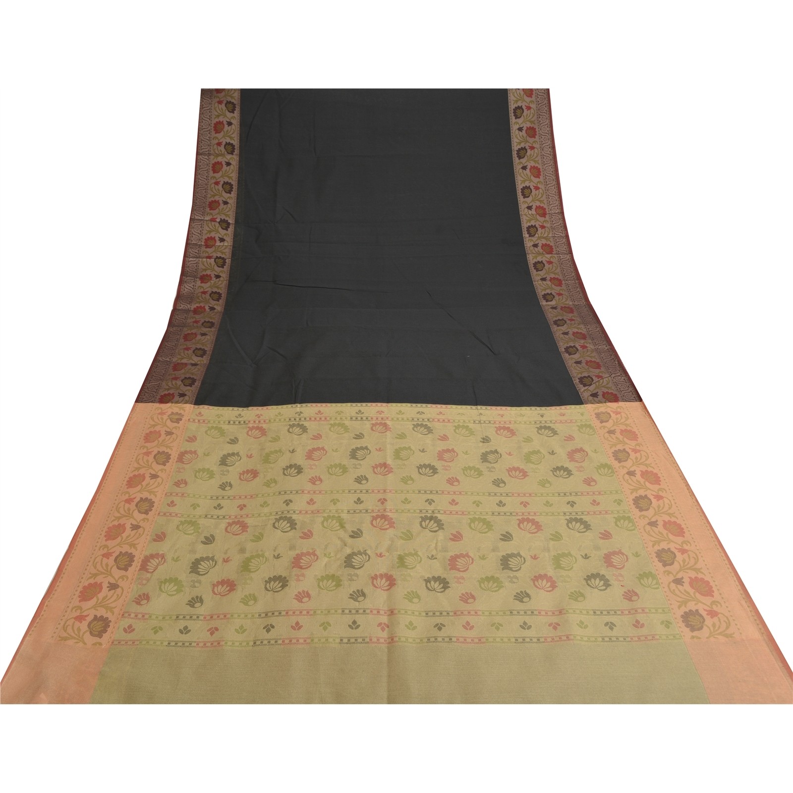 Sanskriti Vintage Indian Sari Art Silk Black Woven & Solid Sarees 5+Yd Crafters