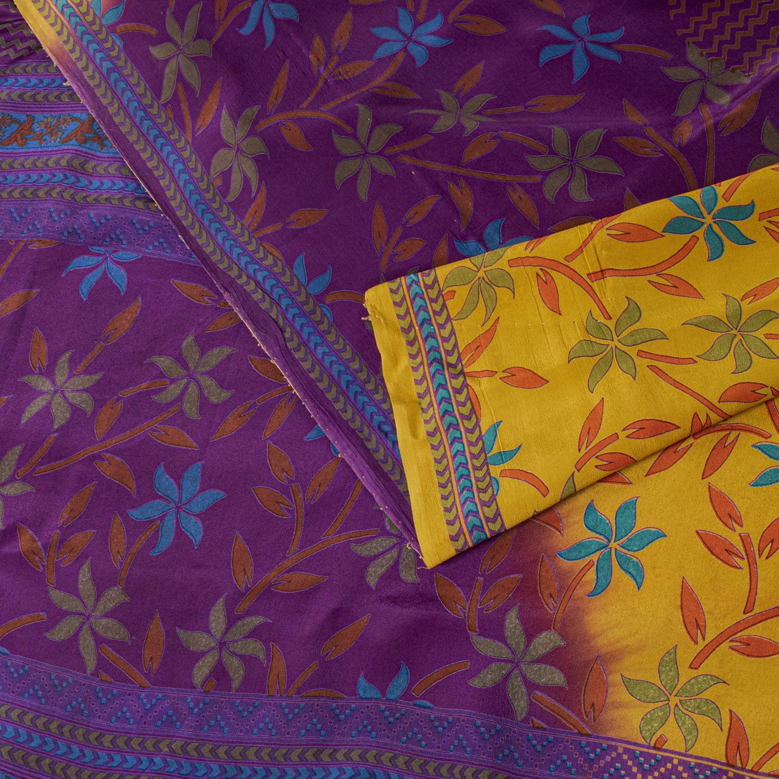 Sanskriti Vintage Saree Violet-Yellow Pure Crepe Floral Printed Sari 6Yd Fabric