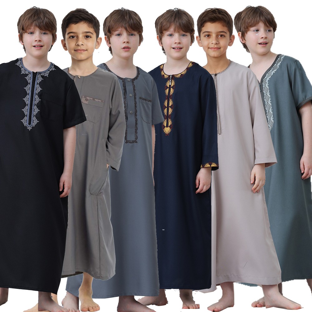 Kids Boys Embroidered Short Sleeve Thobe Jubba Islamic Abaya Robe Saudi Style