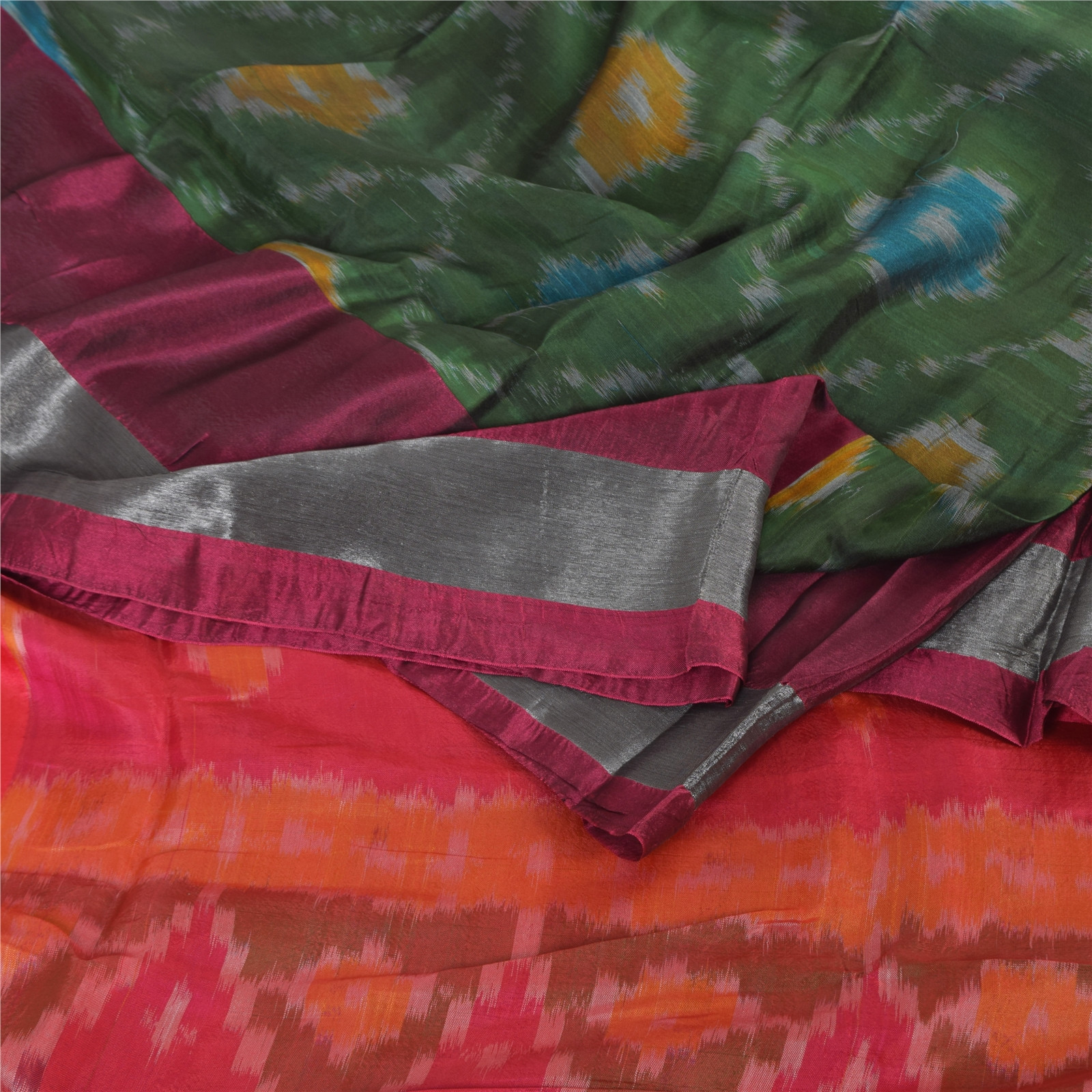Sanskriti Vintage Pink/Green Sarees Art Silk Sambalpuri Woven Ikat Sari Fabric