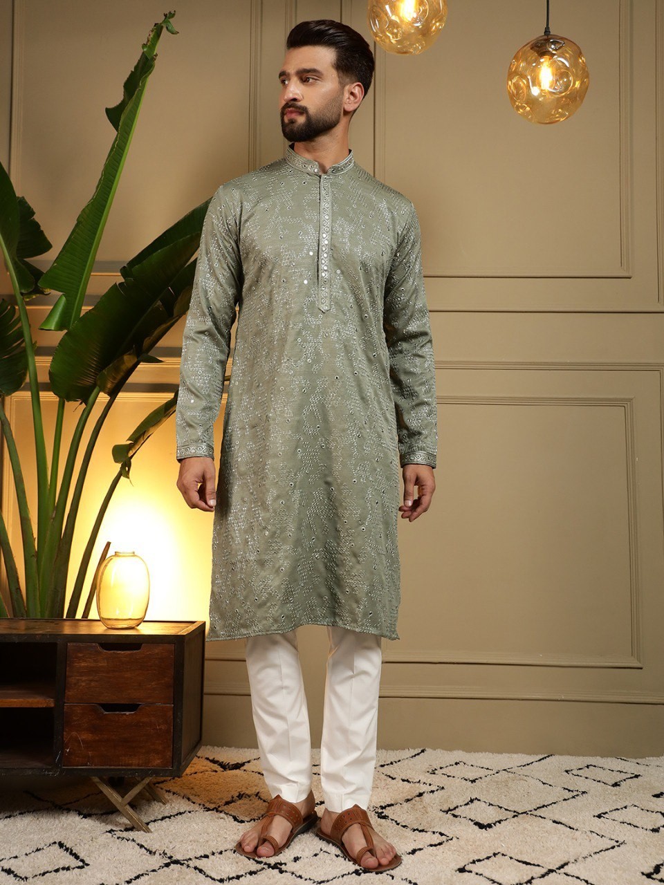 Designer Cotton With Heavy Khadi Embroidery Mirror Kurta Pajama Set For Men’s