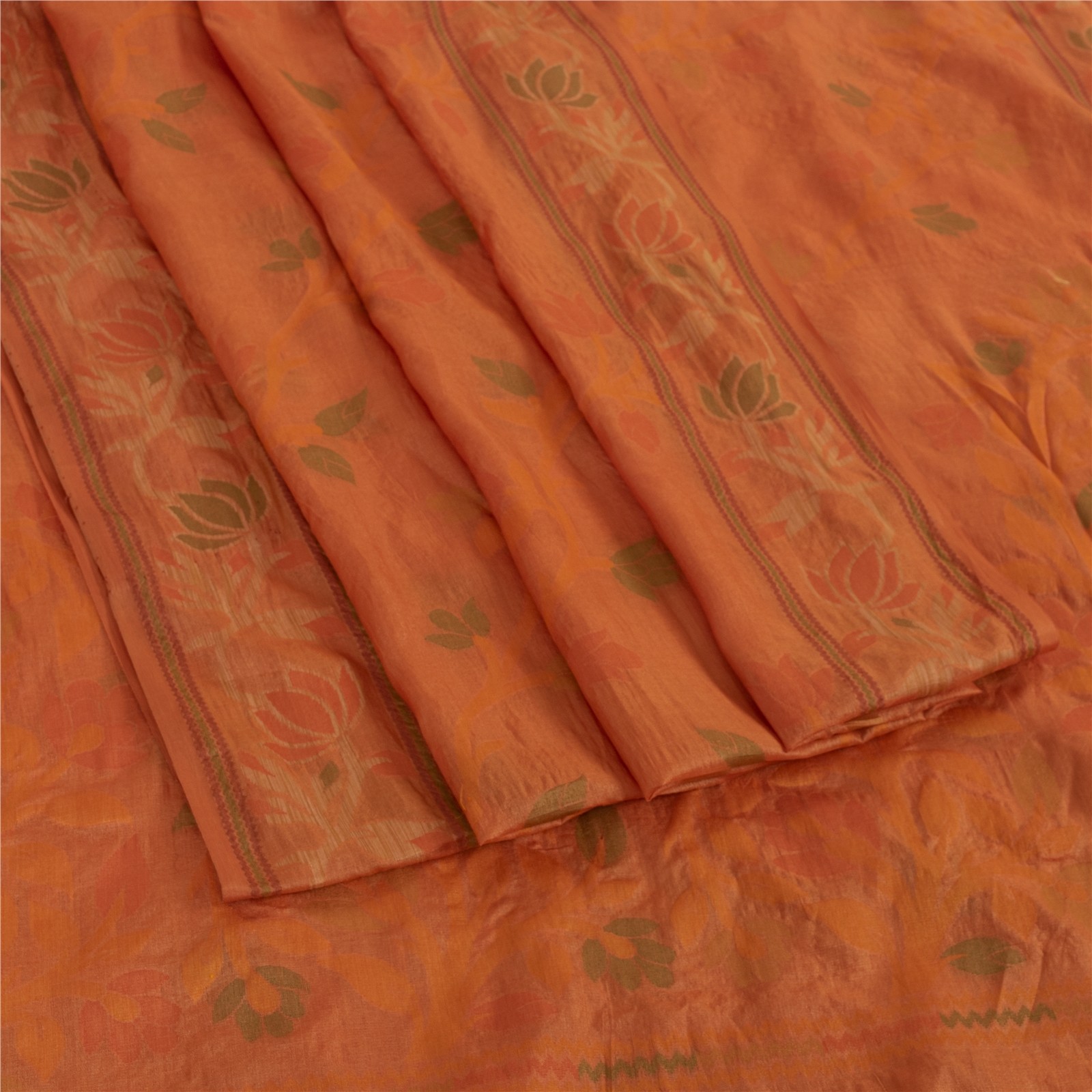 Sanskriti Vintage Orange Sarees Pure Silk Hand Woven Sari 5Yd Handloom Fabric