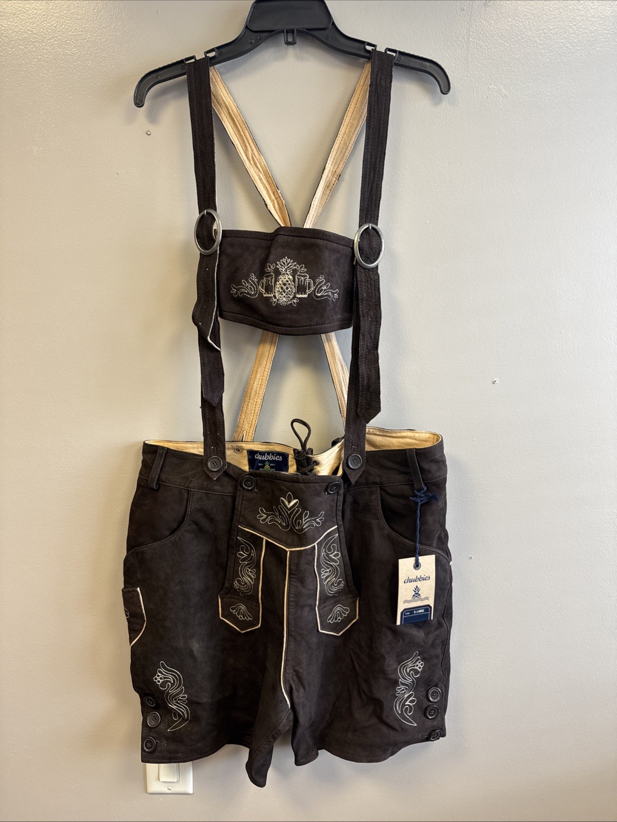 NWT Chubbies Mens XL Lederhosen Brown Suede Lamb Leather German Oktoberfest
