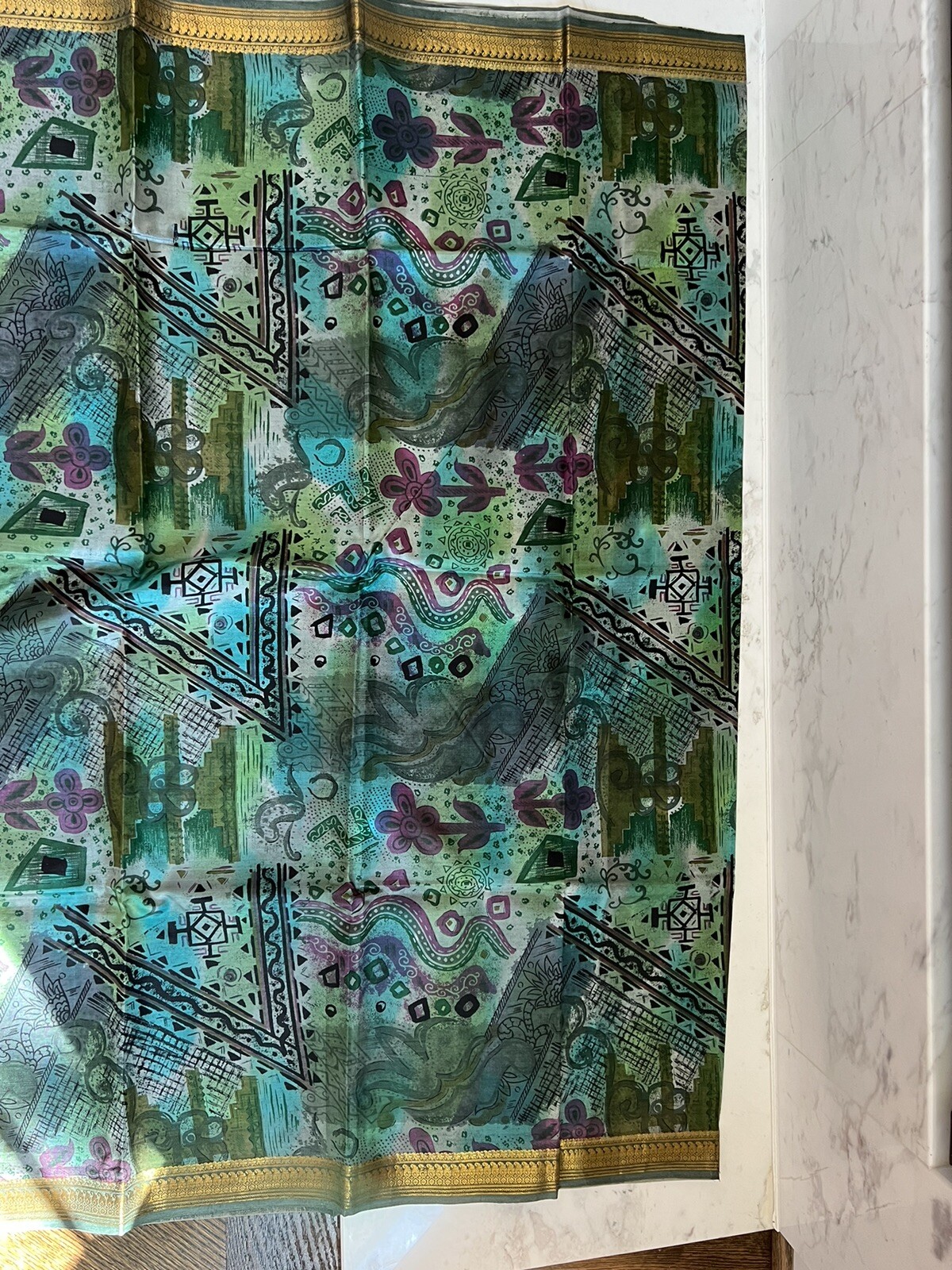 NWT 100% Pure Silk Green Abstract Print Saree Sari w Gold Zari Sequin Crop Top