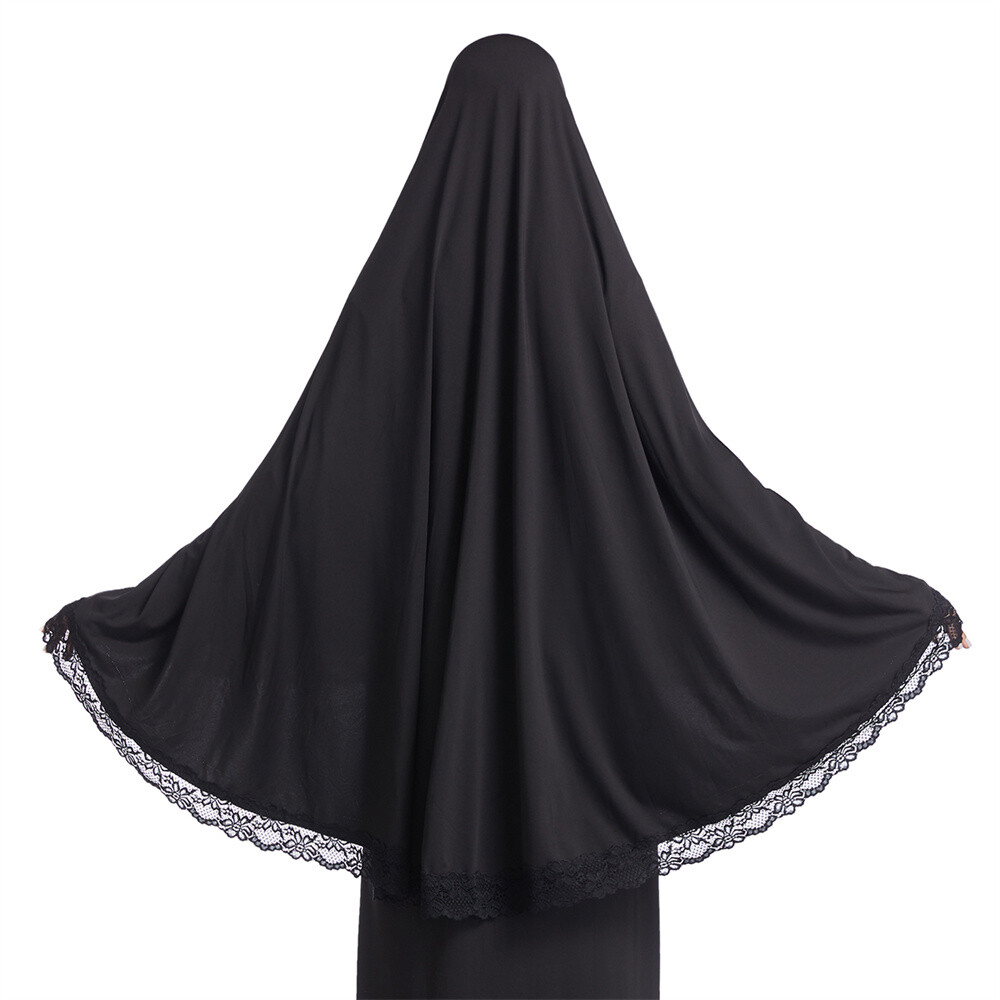 Muslim Women Ramadan Scarf Hijab Islam Prayer Turban Amair Lace Trim Headcover