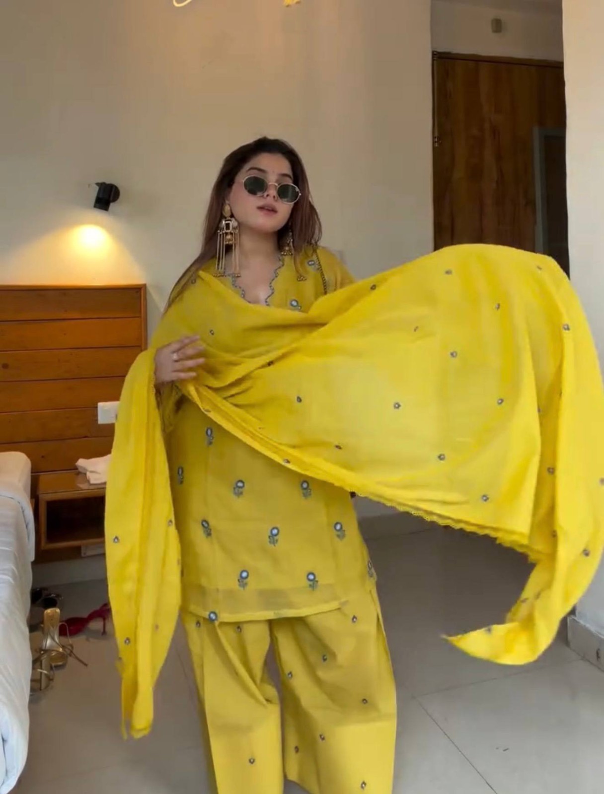 Indian Designer Yellow Chanderi Kurta Pant Dupatta Set Party Ethnic Wear Women