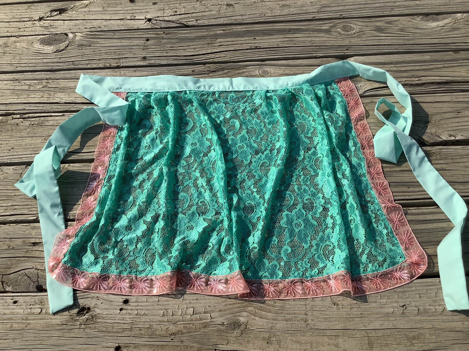 Aqua Green LACE APRON for Dirndl German Hostess EX Long Ties Oktoberfest Plus Sz