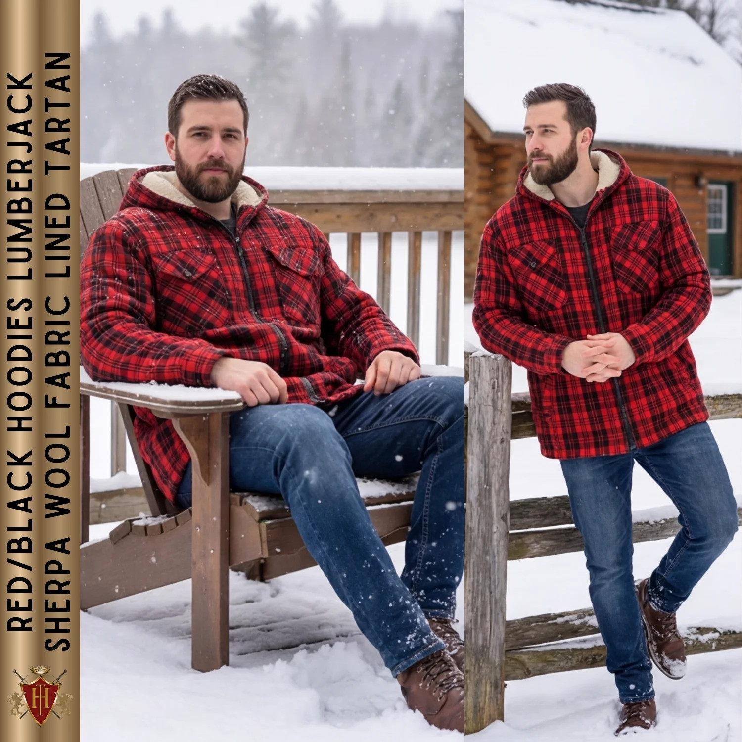 Red/Black Hoodies Lumberjack Sherpa Wool Fabric Lined Tartan