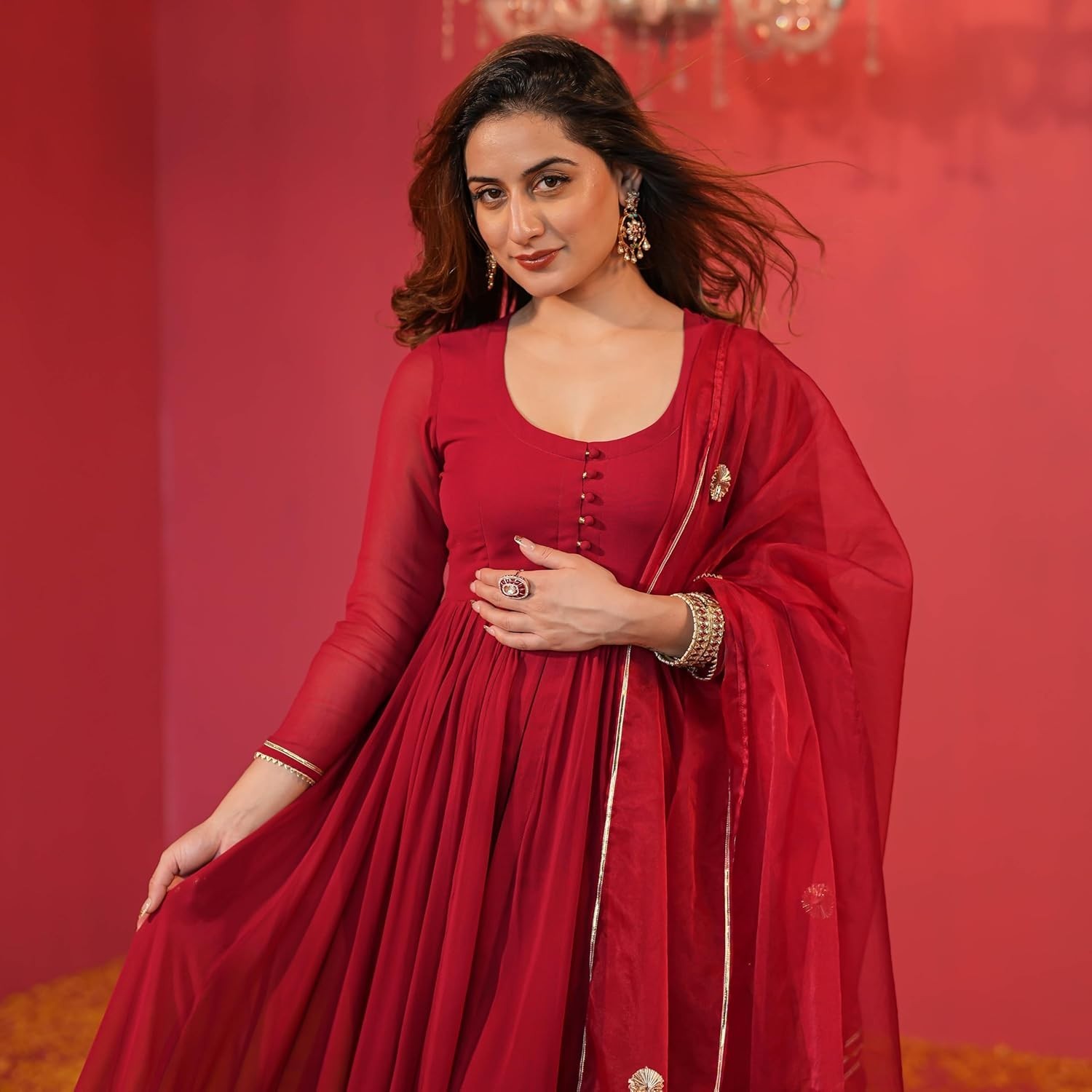 Women’s Rayon Blend Anarkali Solid Kurta with Pant & Dupatta