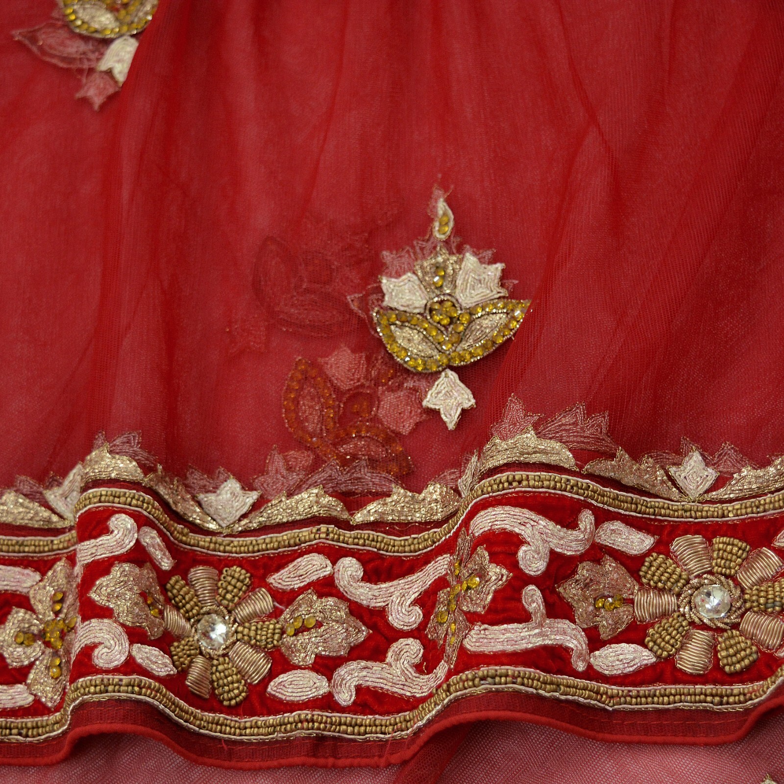 Vintage Heavy Red Dupatta Net Mesh Long Stole Hand Embroidered Scarves Zardozi