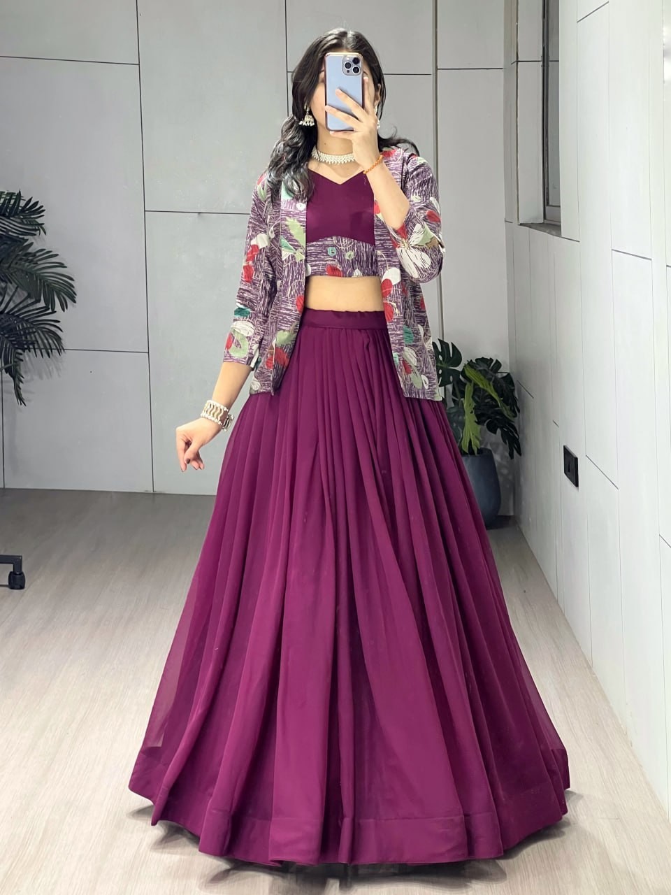 Premium Georgette Lehenga Choli With Chanderi Koti Jacket Party Wear