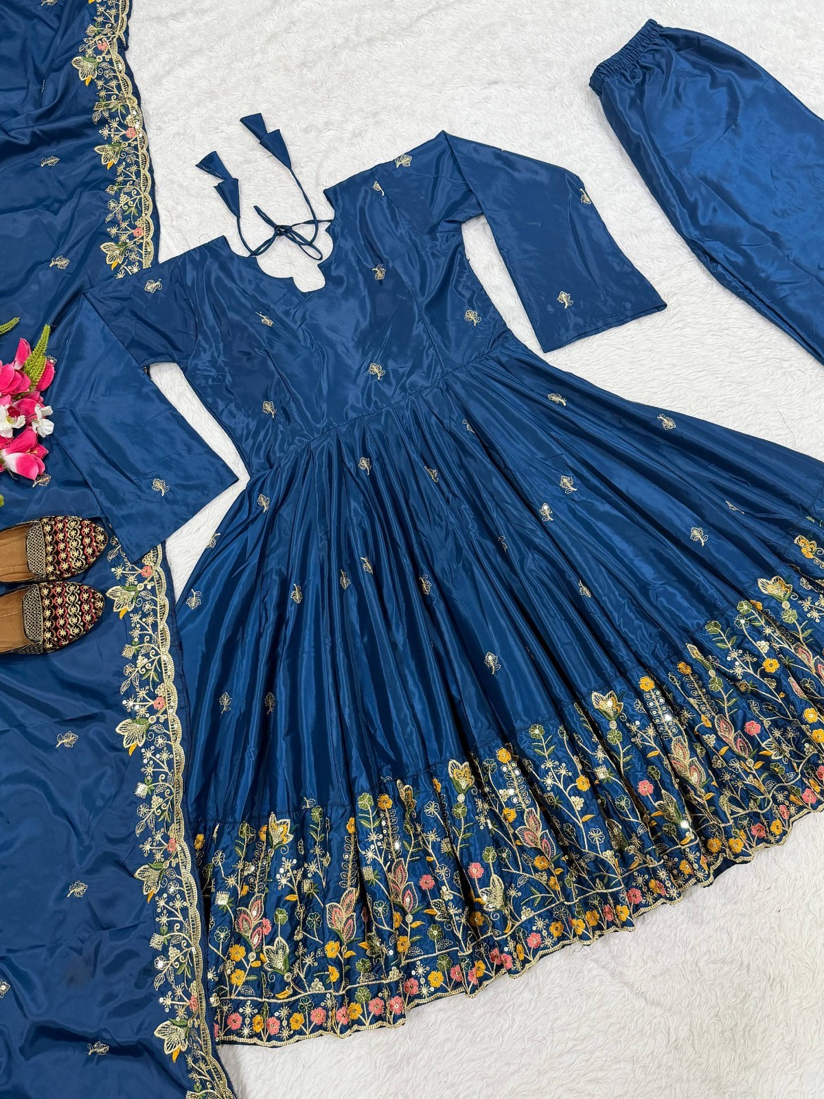 Heavy Natural Crep Blue Gown Palazzo With Dupatta For Indian Wedding Wear