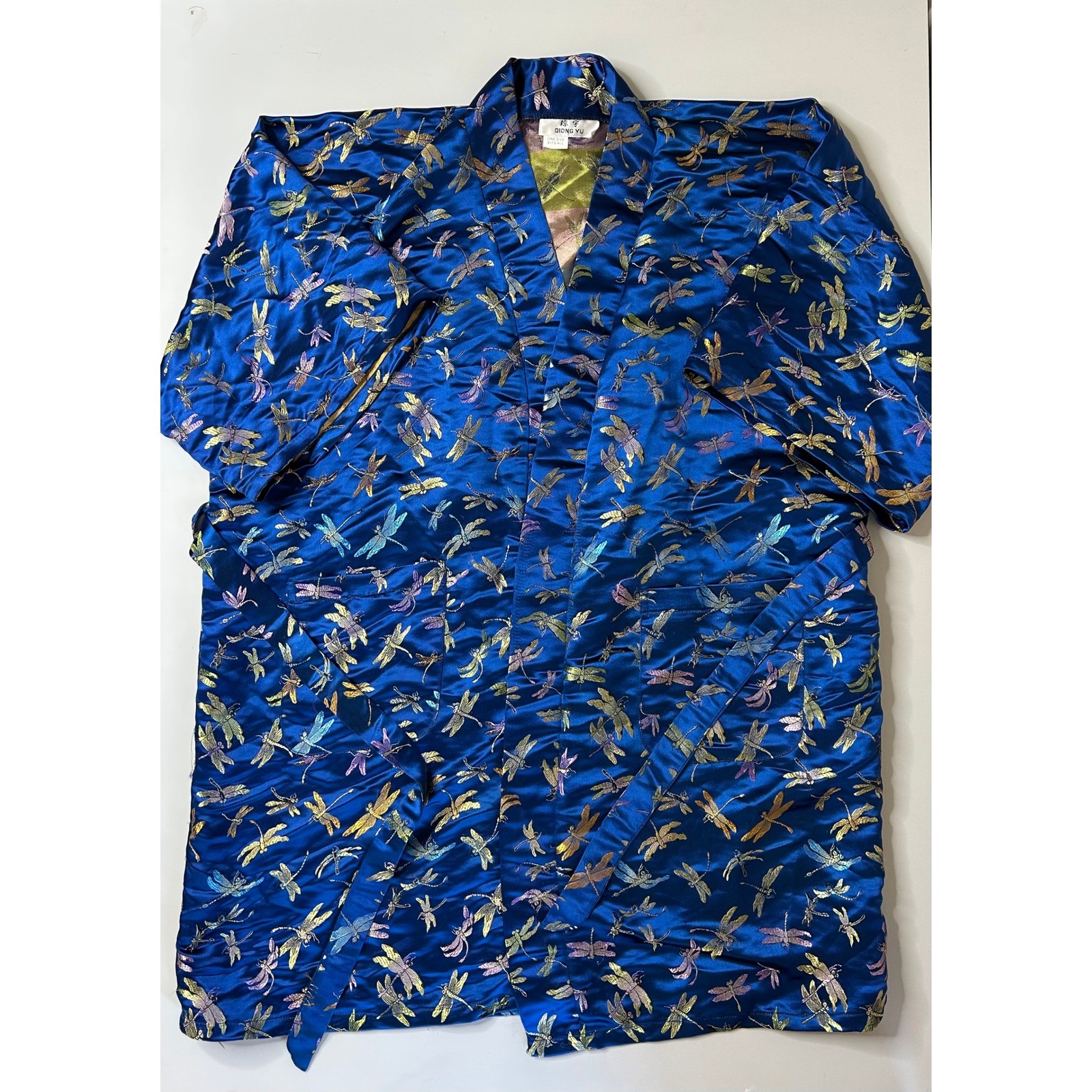 Qiong Yu Blue Satin Kimono Robe Embroidered Dragonfly Iridescent One Size