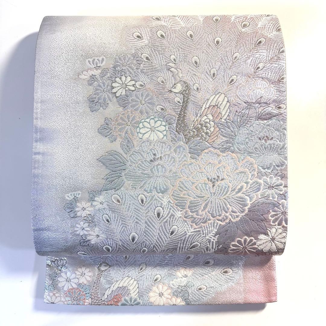 6k741 Nishijin Silk Fukuro Obi Platinum Foil Peacock Sash 430cm