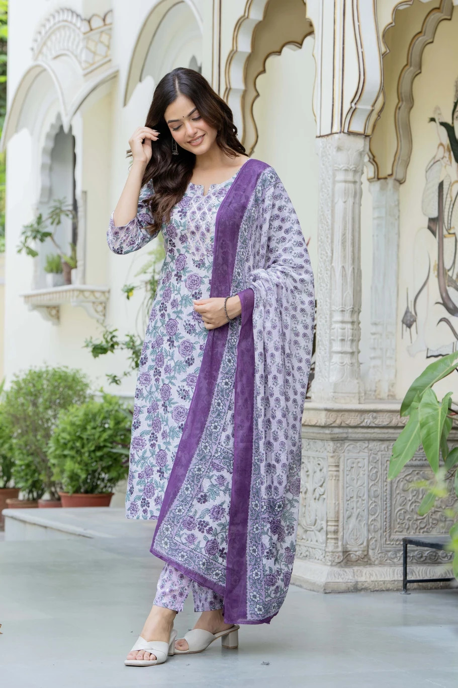 Women Cotton Kurta Pant Set, Purple Plus Size Indian Dress, Casual Salwar Kameez