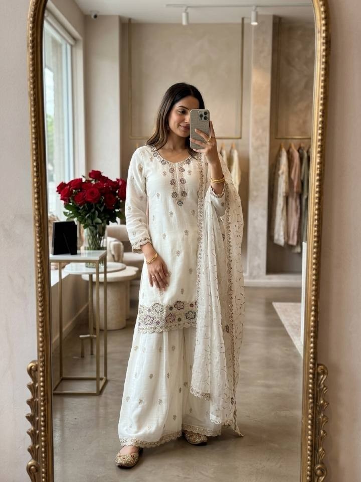 New Presenting Crunchy Silk White Top Palazzo With Dupatta For Functional Wear