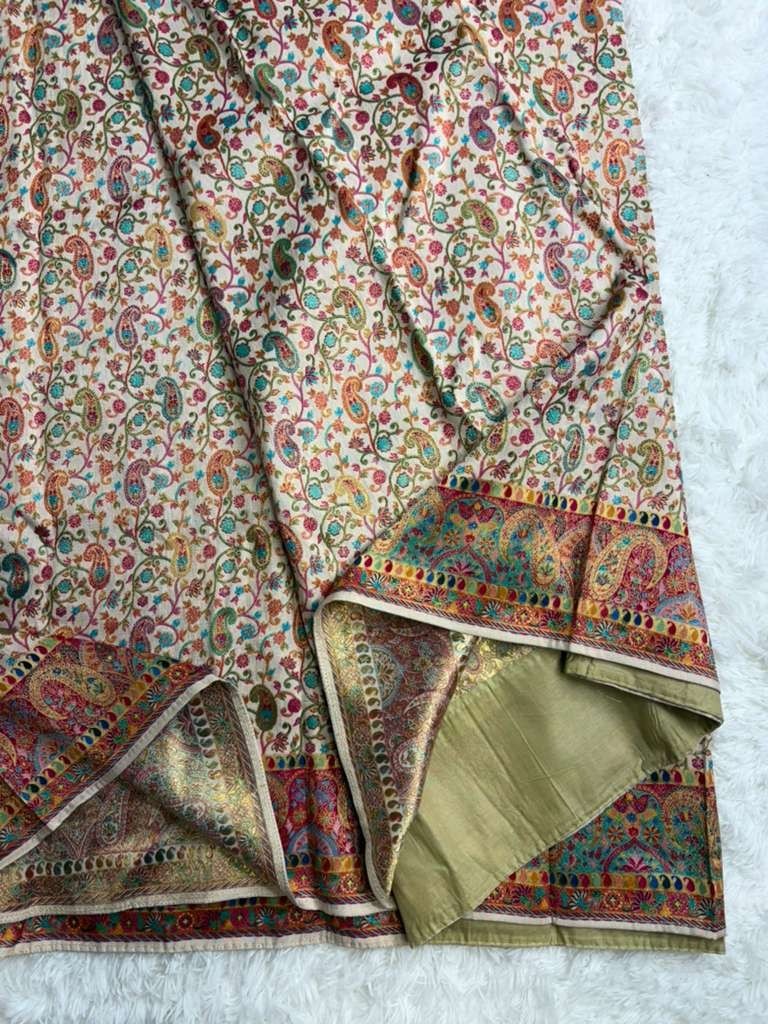 Kashmiri Kani Silk Saree with Mina Weaving, Ready-to-Wear Blouse (Size 42-46)