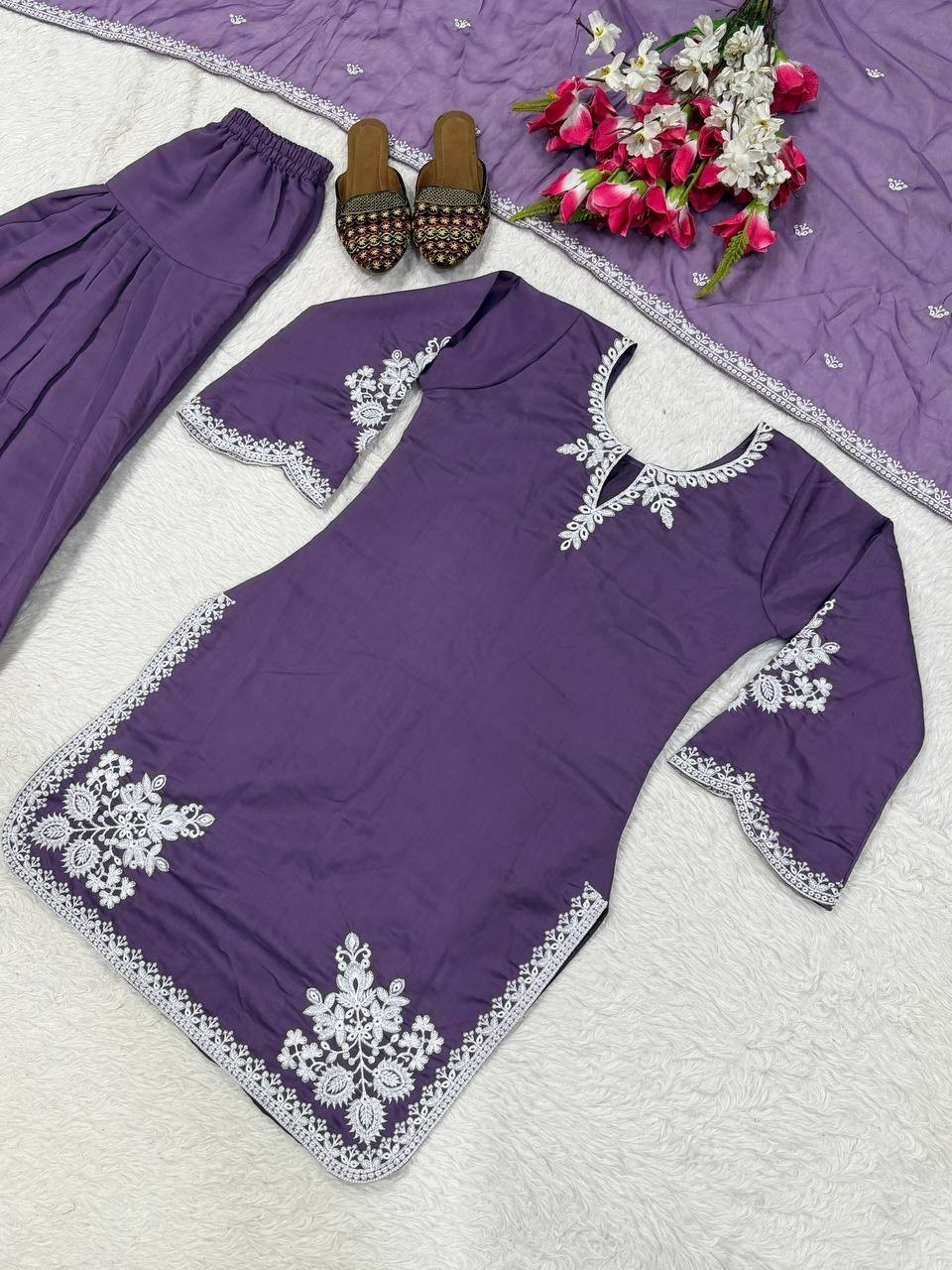 Latest New Roman Cotton Purple Farshi Salwar Kameez With Dupatta For Party Wear
