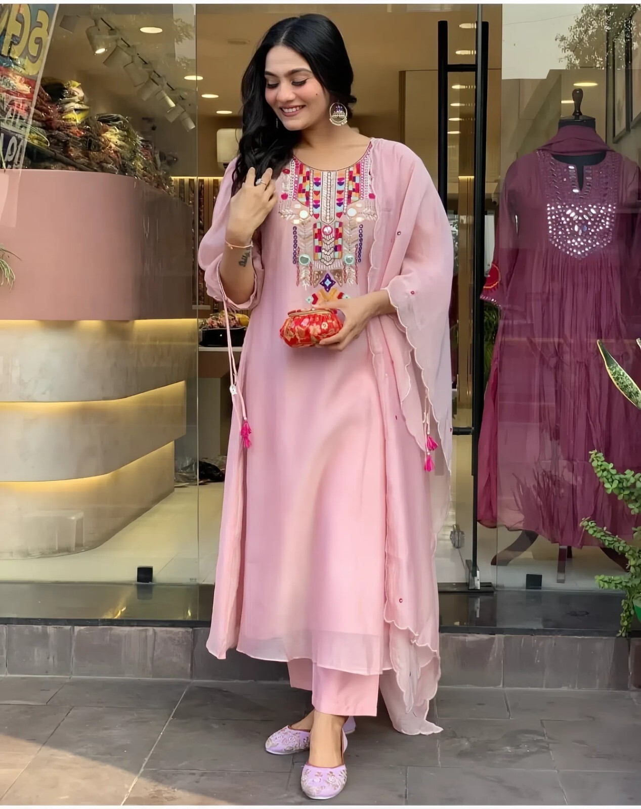 Chanderi Suit Set with Palazzo, Traditional Ethnic Wear With Tassel Details
