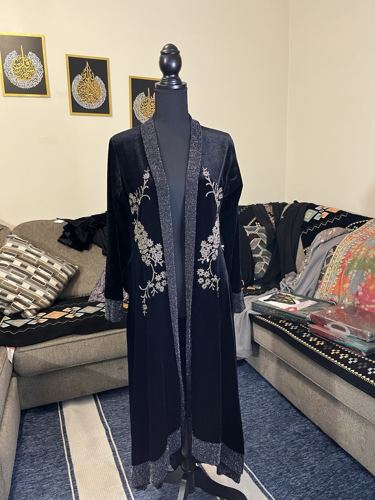 Pakistani Velvet Black and Gold beads work kimono front open.