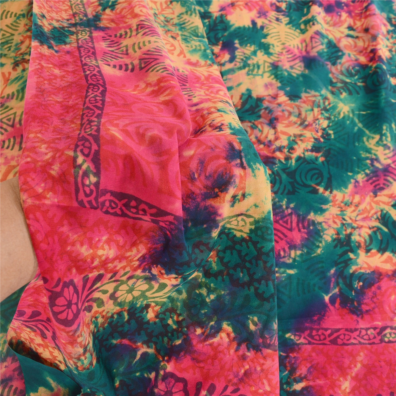 Sanskriti Vintage Tie-Dye Hot Pink Sarees Pure Georgette Silk Sari Craft Fabric
