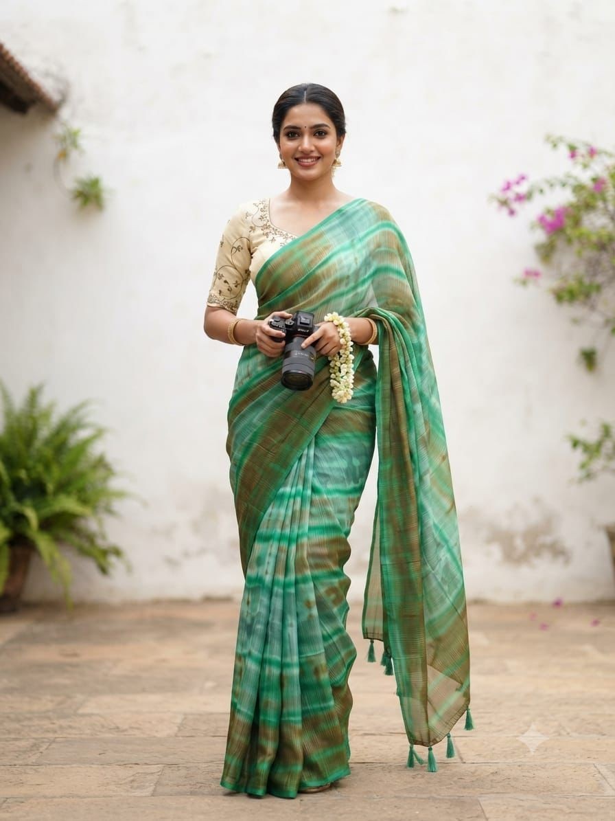Women Chiffon Silk Saree Silver Zari Shibori Print Tassel Pallu Raw Silk +Blouse