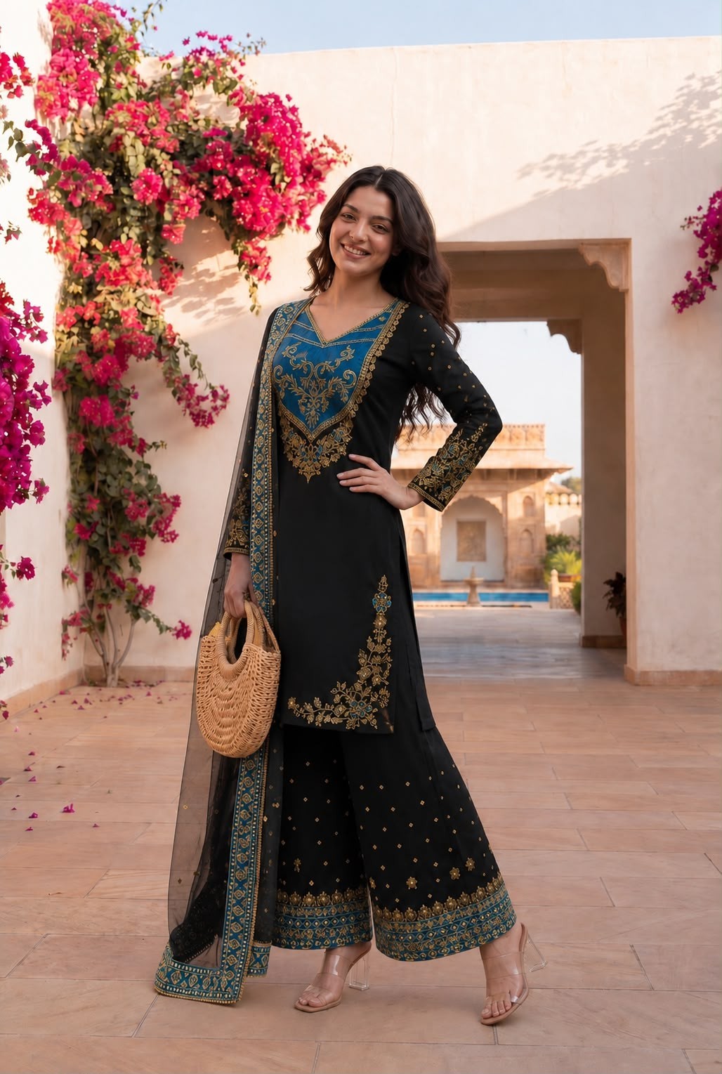 Black Designer Salwar Kameez Palazzo Dupatta Set Embroidered Party Wear Suit