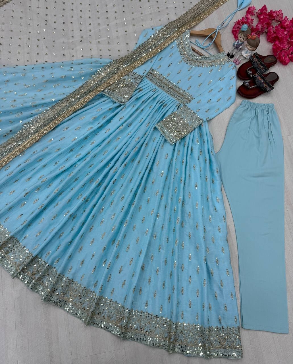 New Party Wear Sky Blue Chinon Silk Salwar Kameez With Dupatta For Women