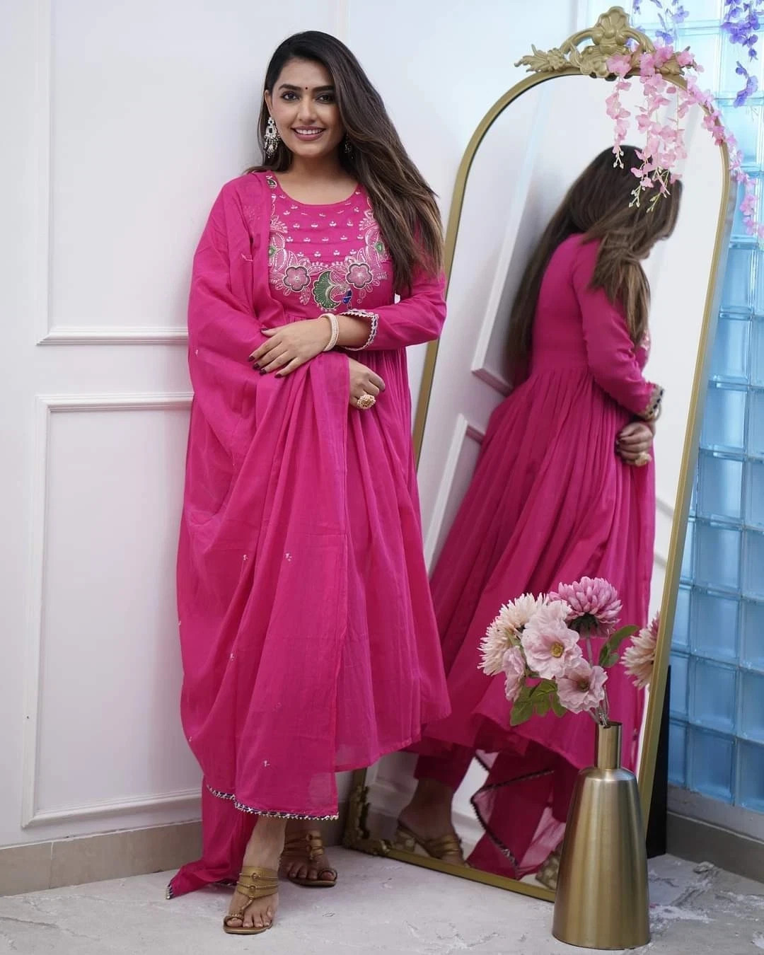 Women’s Embroidered Anarkali Gown Set – BSY Chinnon with Chanderi Cotton Dupatta