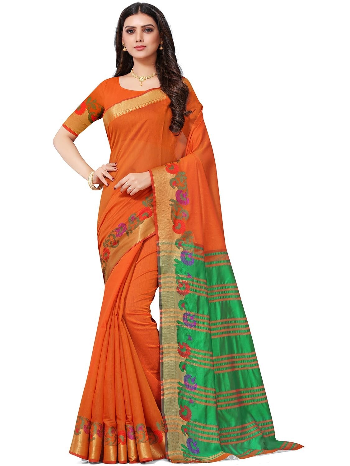Women’s Cotton Blend Heavy Zari Contrast Border Banaras Saree With Blouse Piece