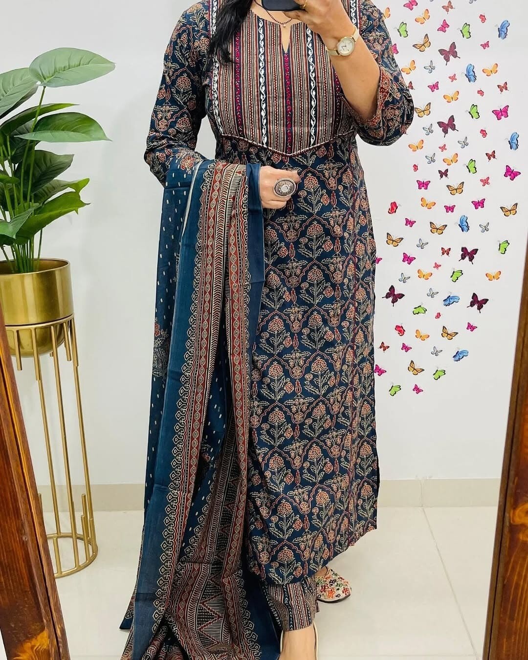 Indian Hand Block Printed Kurta Palazzo Dupatta Set Women Wear Salwar Kameez Set